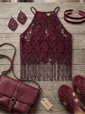 It’s Pink Women's Burgundy Lace Halter Camisole with Fringe
